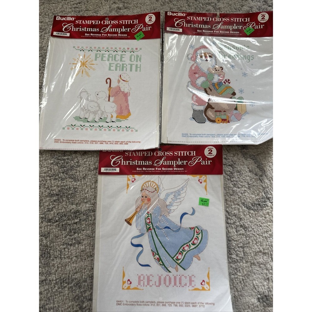 6 Vintage Bucilla Christmas Stamped Cross Stitch Santa Sheep Animals Angel New